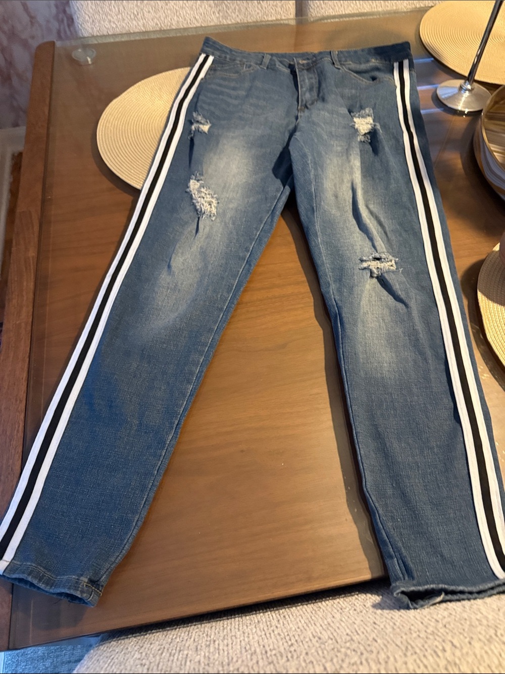 Striped Side Ripped Blue Women's Jeans